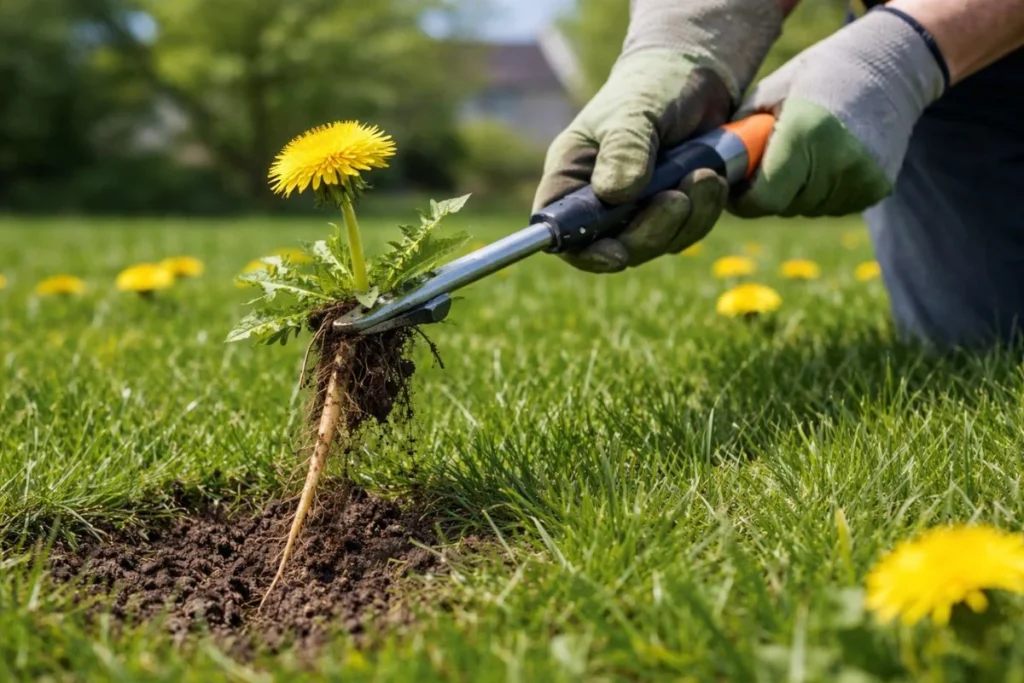 Hand pulling dandelion from lawn using weed removal tool