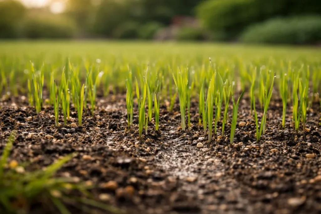healthy grass seed sprouting evenly after proper watering