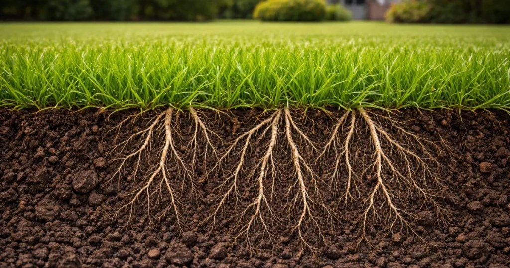 Healthy lawn with deep roots from improved soil