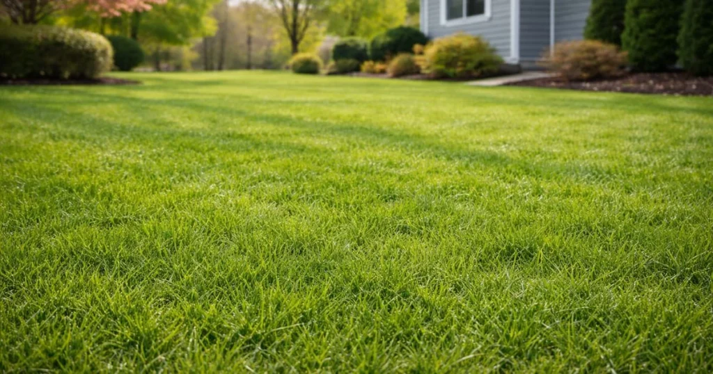 Healthy green lawn in spring after proper winterizer fertilizer use