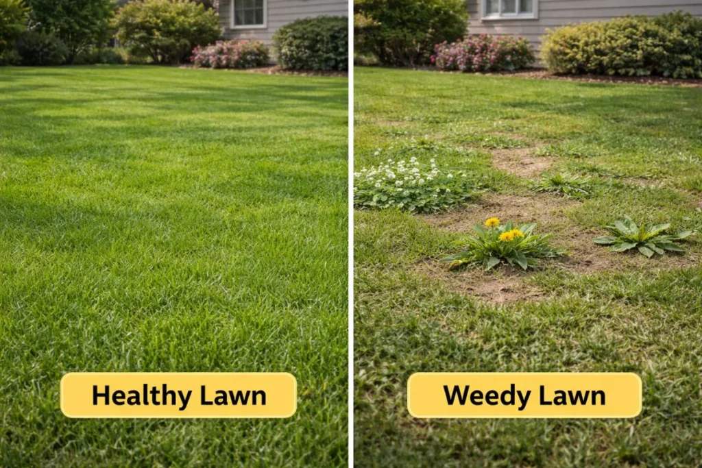 Comparison of healthy lawn versus lawn with heavy weed growth