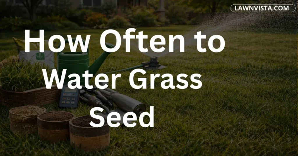 Newly seeded lawn being lightly watered to keep soil moist for proper grass seed germination