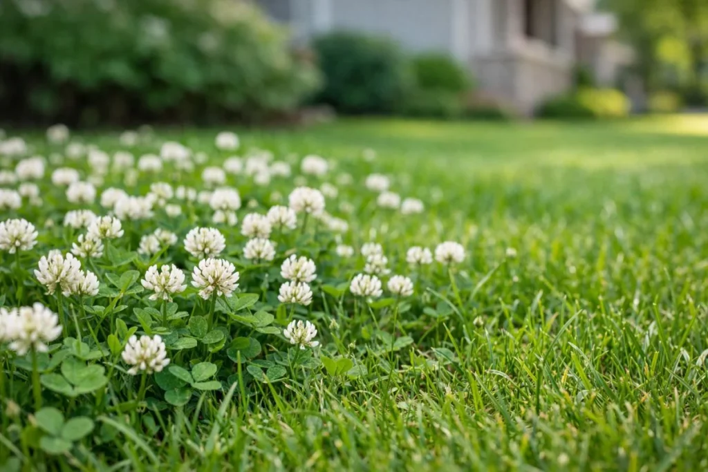white clover spreading across a green lawn