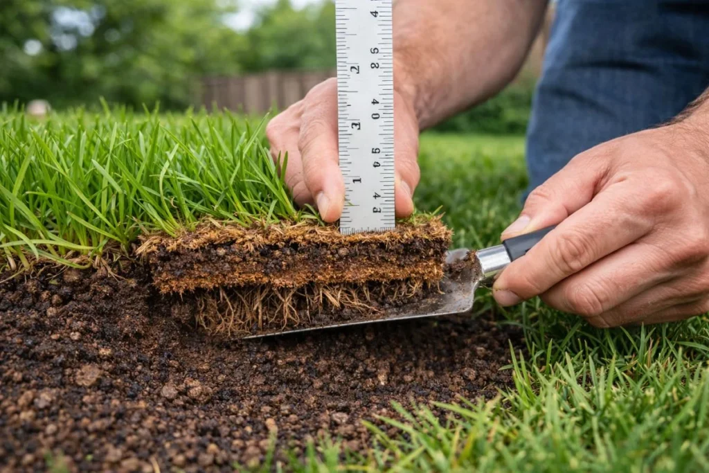Measuring lawn thatch thickness with ruler