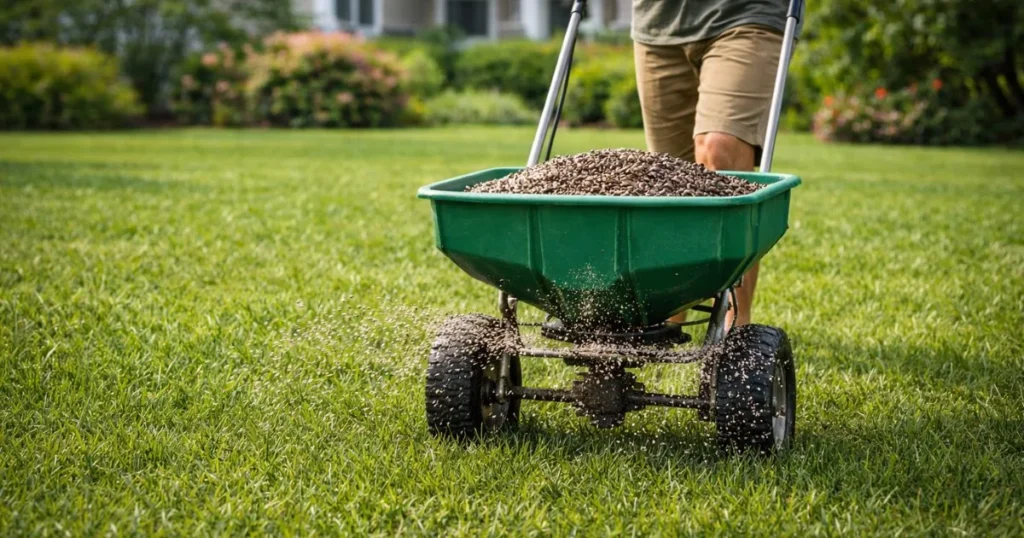 Applying humic acid with fertilizer on lawn