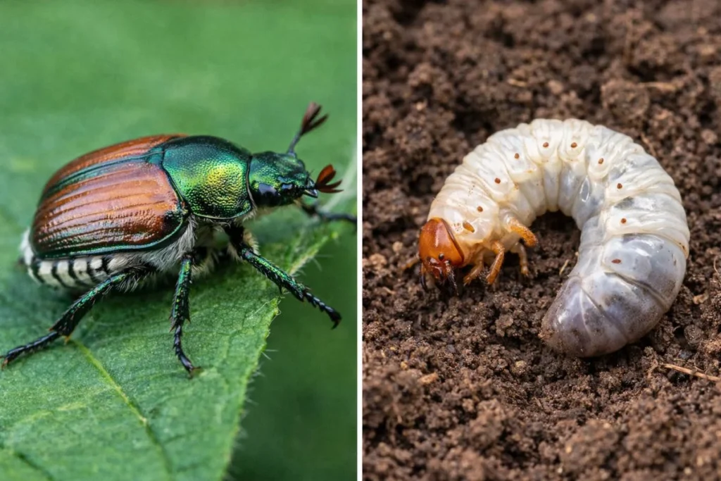 Adult Japanese beetle and white grub in soil