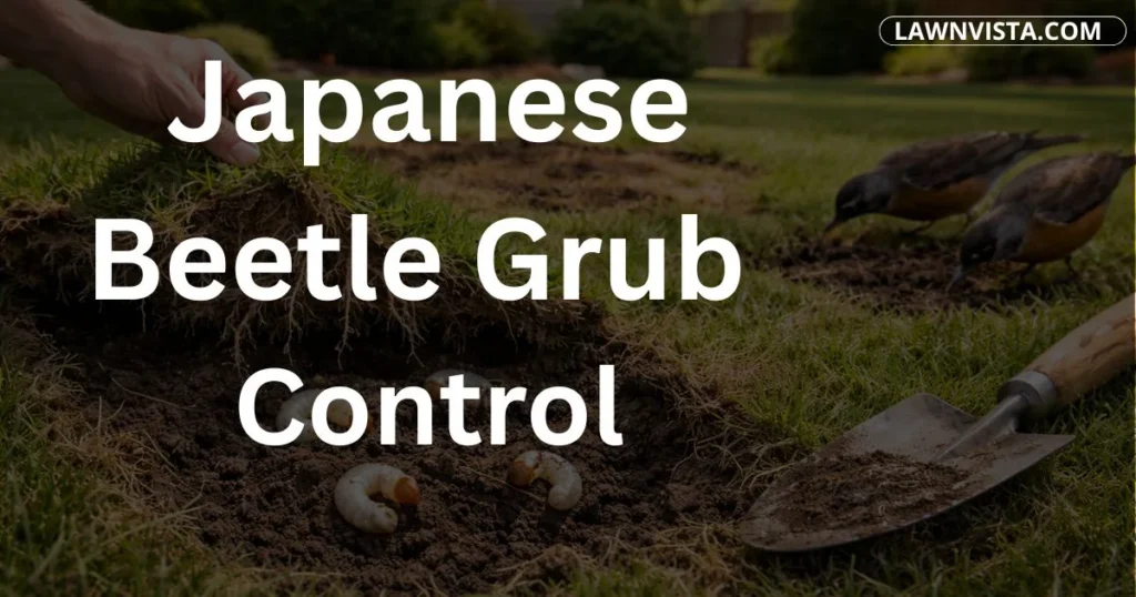 Japanese beetle grubs in soil with damaged lawn roots showing effective grub control methods