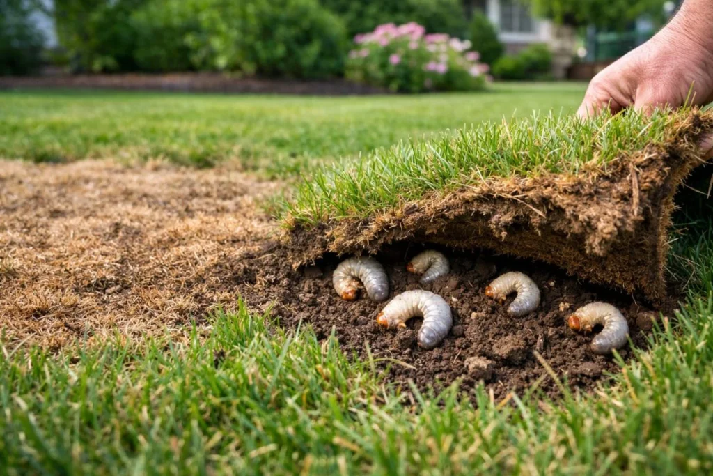 Japanese beetle grub damage causing brown lawn patches