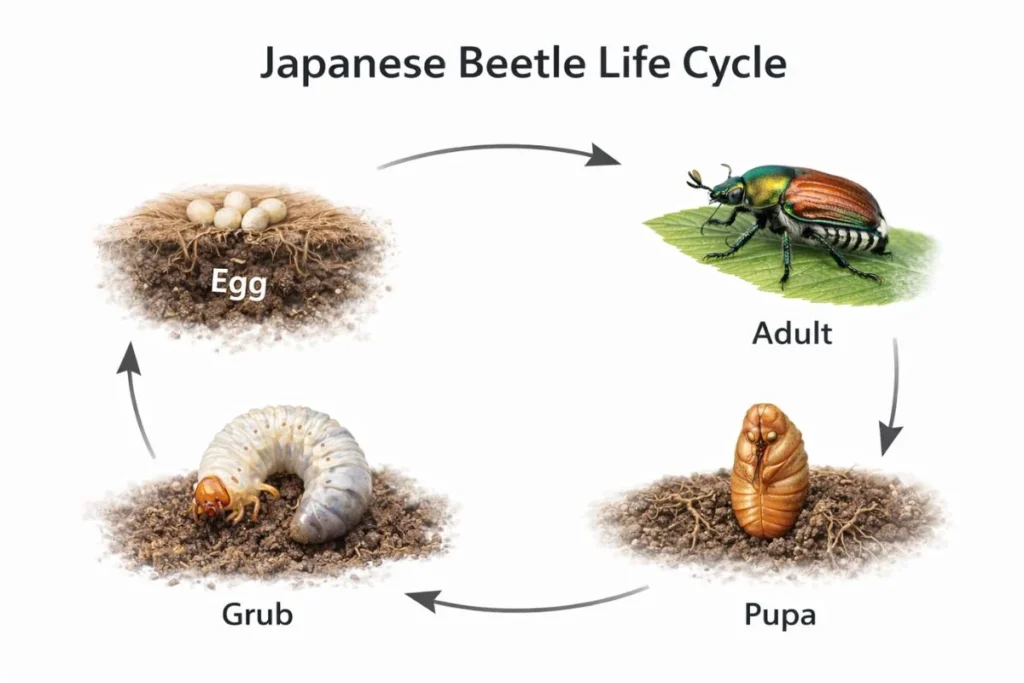 Japanese beetle life cycle from egg to adult