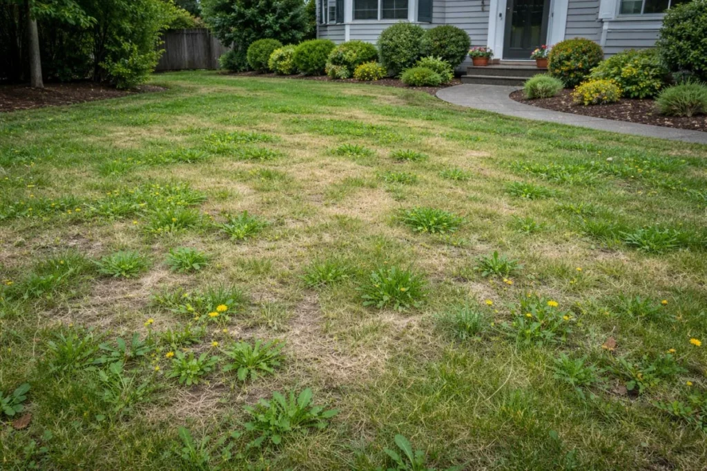 Lawn with thin grass and weeds caused by acidic soil
