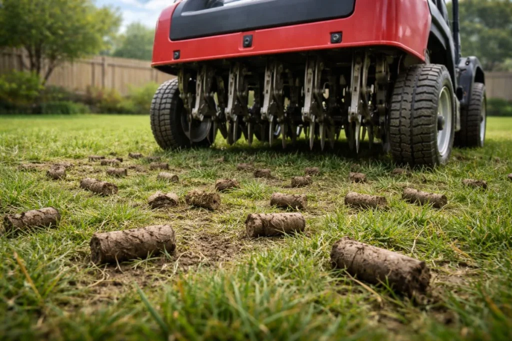 Core aeration reducing soil compaction in a lawn