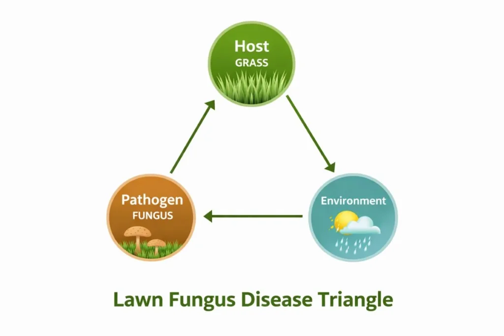 Disease triangle diagram explaining lawn fungus development
