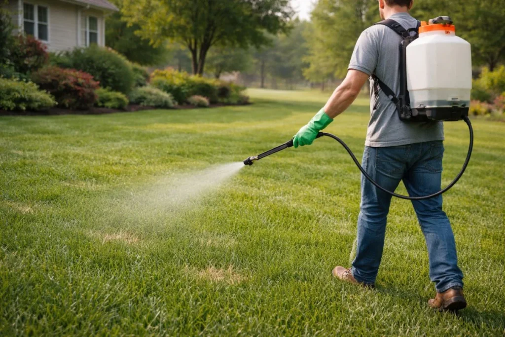 Homeowner applying fungicide treatment to lawn for dollar spot control