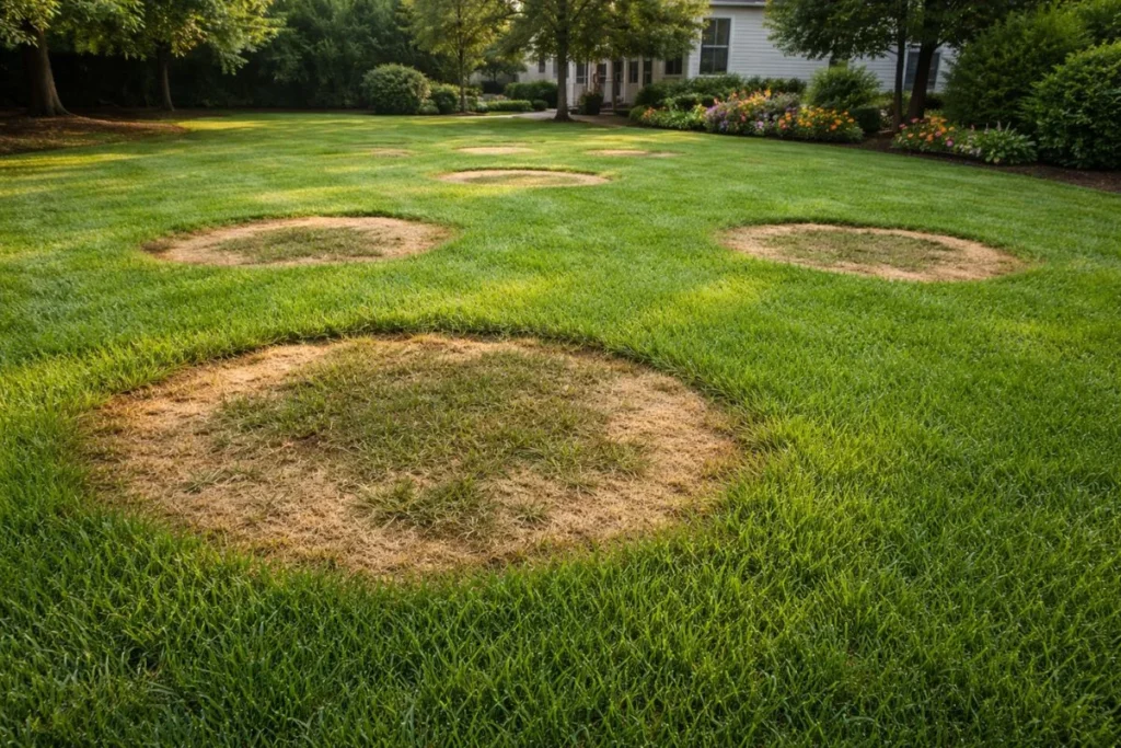Lawn fungus identification showing brown circular patches in a residential lawn