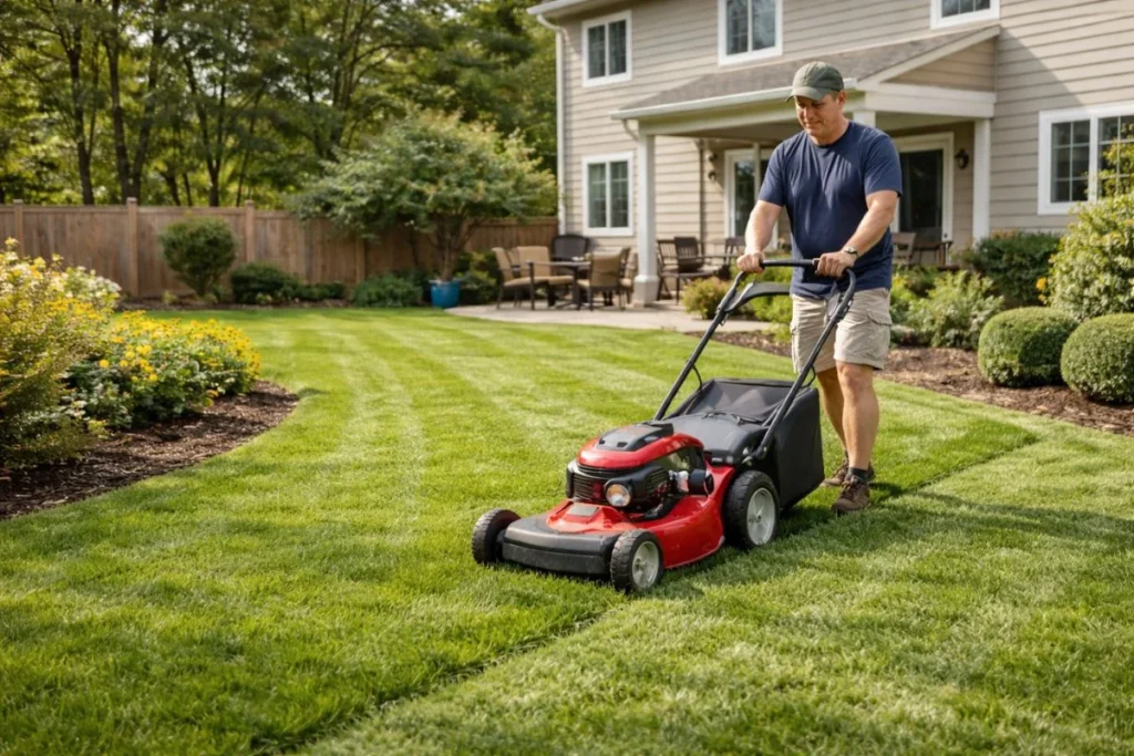 lawn mowing and edging during yard cleanup maintenance