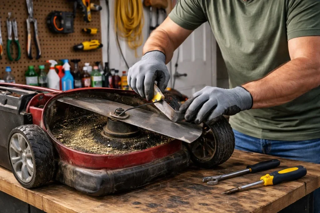 Sharpening lawn mower blade for clean weekly mowing cuts