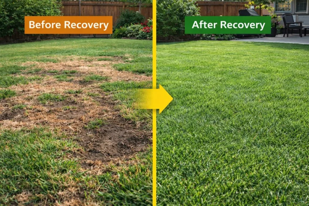 Lawn recovery after army worms infestation showing green regrowth
