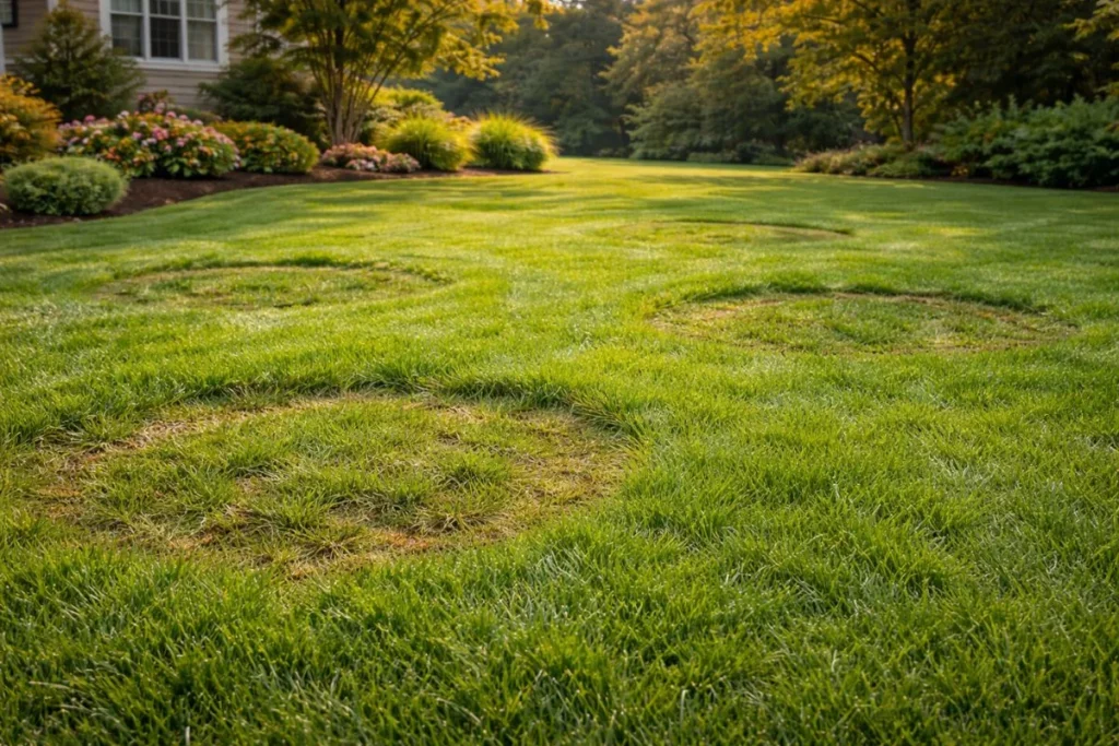 Lawn recovering after brown patch disease with new green growth
