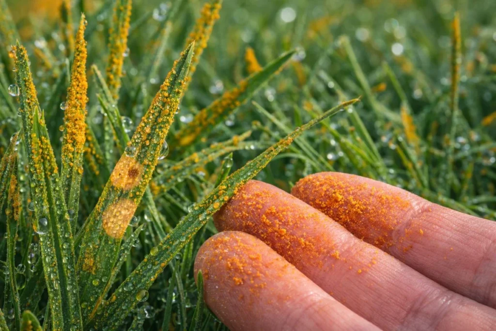 Rust lawn fungus showing orange powder on grass blades