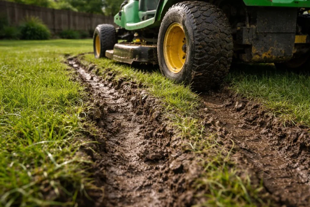 lawn mower tire ruts caused by mowing wet soil