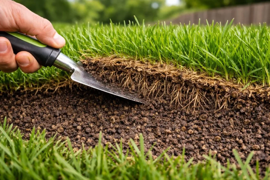 Close-up of lawn thatch layer between grass and soil