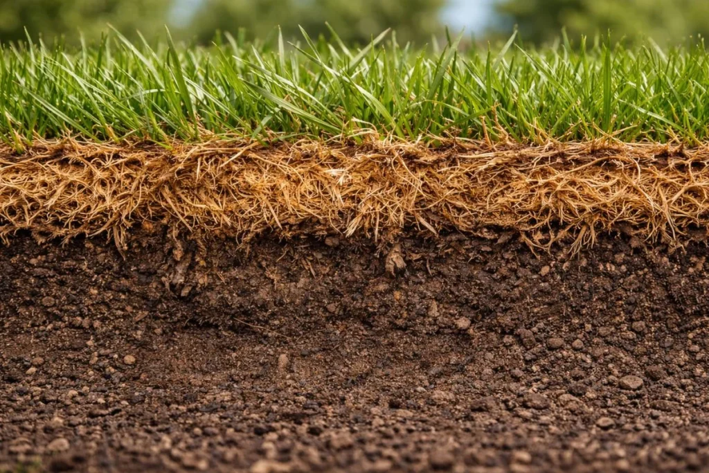Close-up view of thick lawn thatch layer above soil