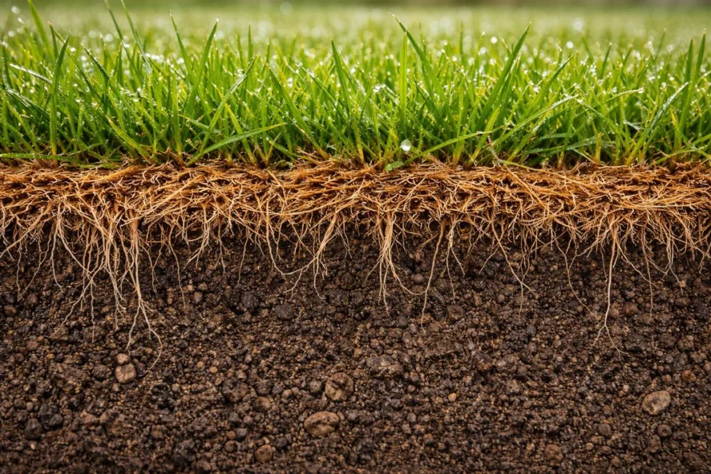 Cross section of lawn showing thick thatch layer between soil and grass blades