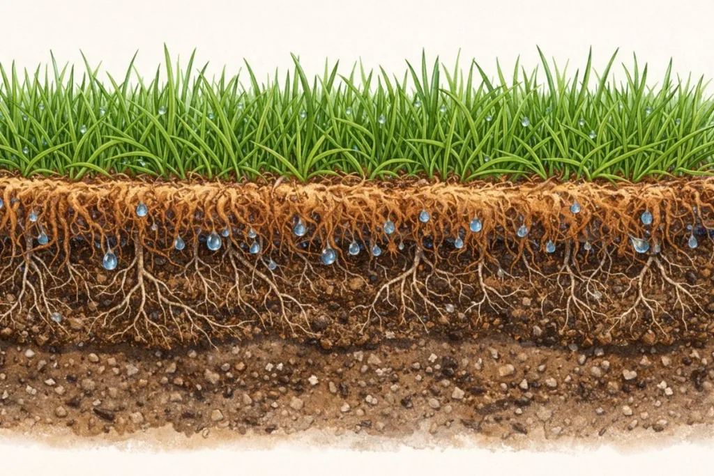 Cross section of lawn showing soil, roots, and thick thatch layer