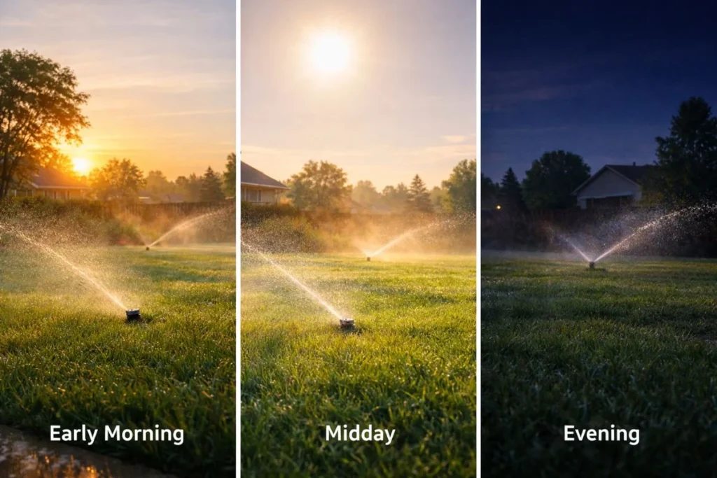 Comparison of watering lawn in early morning, midday heat, and evening conditions