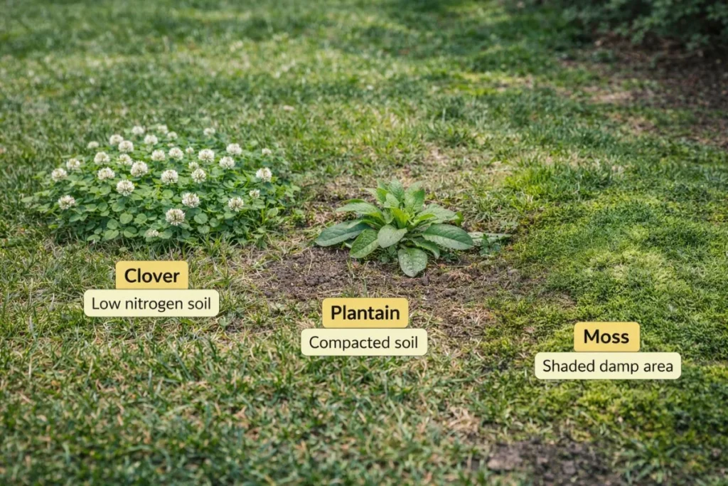 Lawn weeds indicating soil problems such as clover and plantain