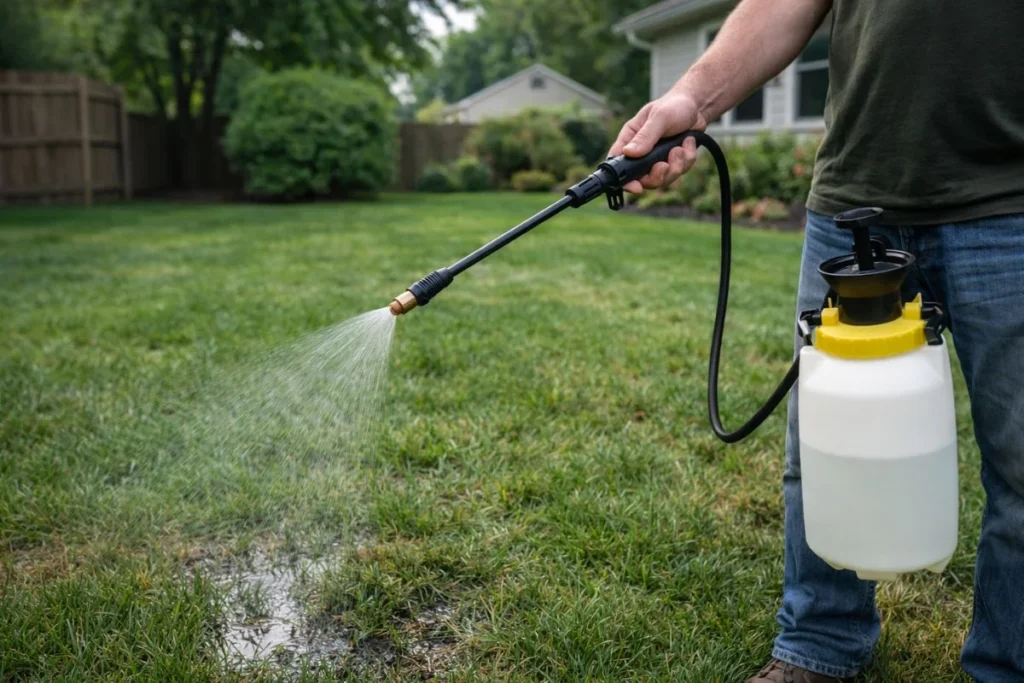 Applying liquid aeration treatment to a residential lawn