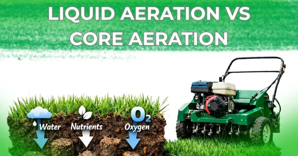 Comparison of liquid aeration and core aeration methods showing different lawn aeration techniques