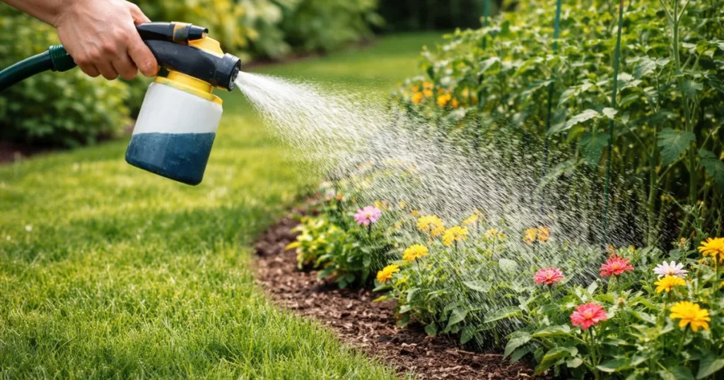 Liquid fertilizer applied with hose sprayer in garden