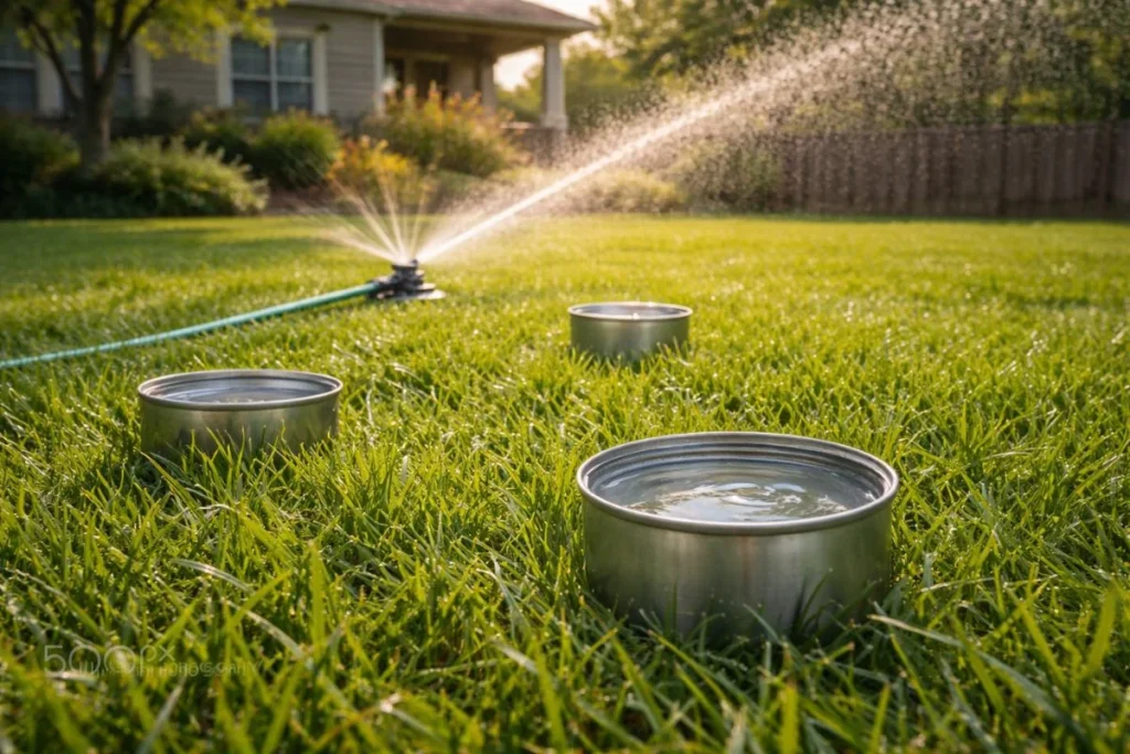 measuring 1 inch of water in lawn using tuna cans and sprinkler