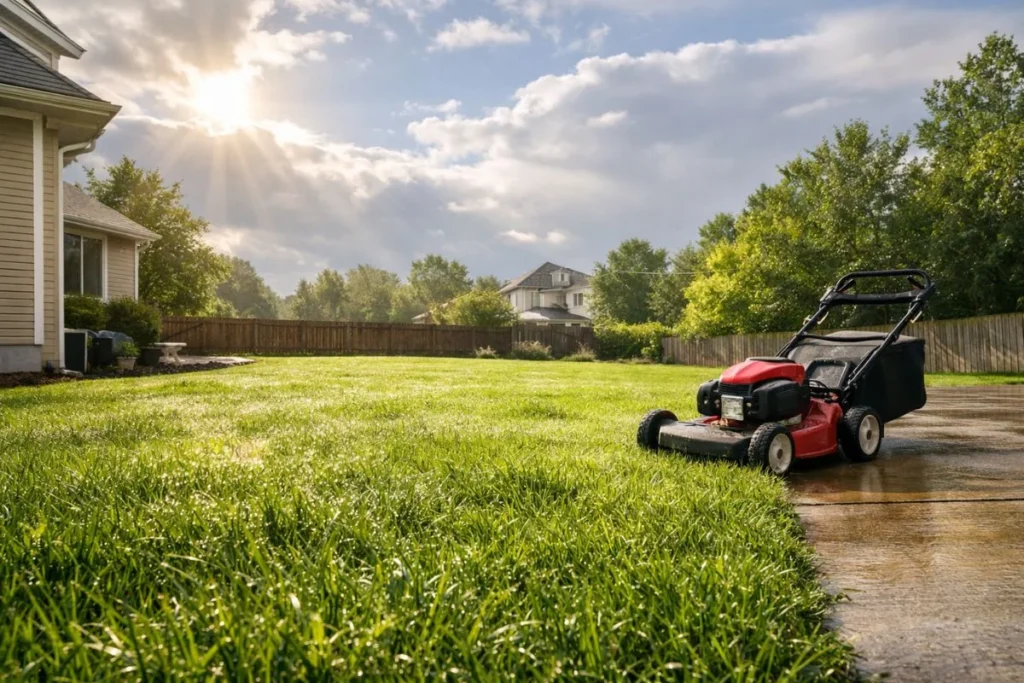mowing lawn after rain with wet grass drying in sunlight