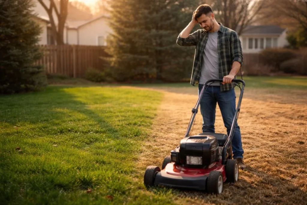 Homeowner checking lawn before mowing season start in early spring