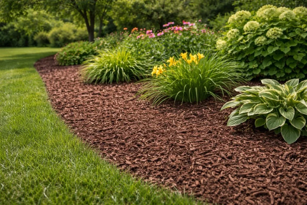 Mulch layer in garden bed to prevent dandelions