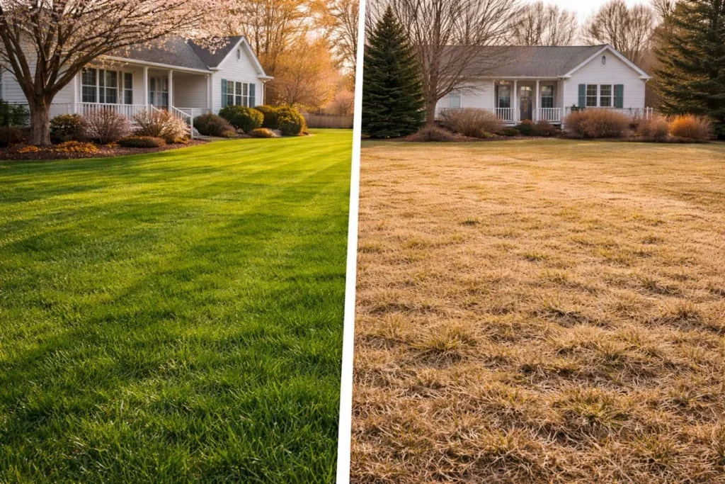 Neighbor lawns with different grass types in spring