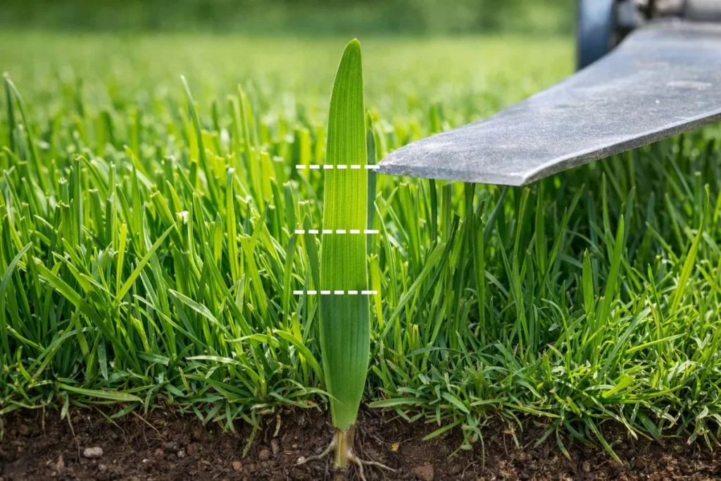 Grass blade showing one third cutting rule for proper weekly mowing