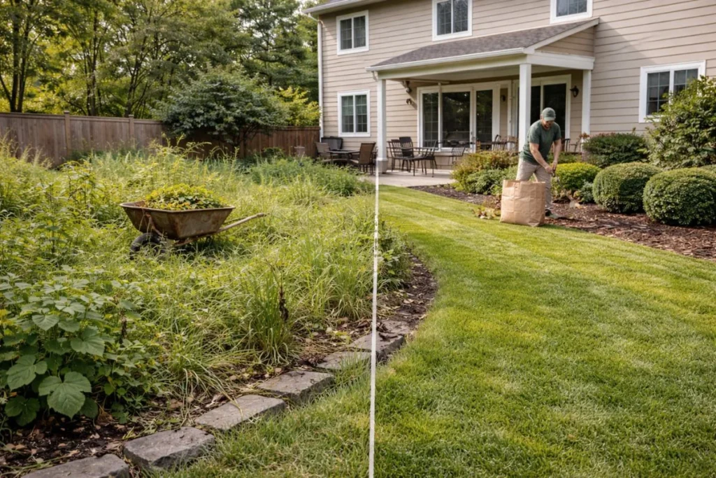 overgrown yard being restored during deep cleanup