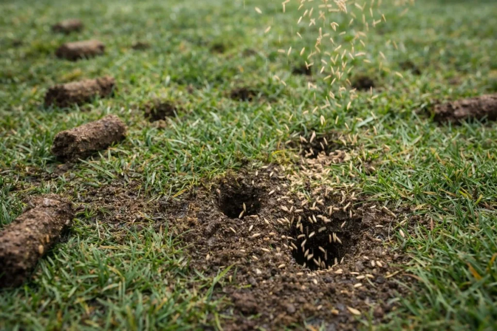 Overseeding lawn after core aeration for better seed contact