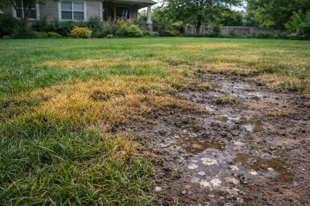 overwatered lawn showing yellow grass and soggy soil