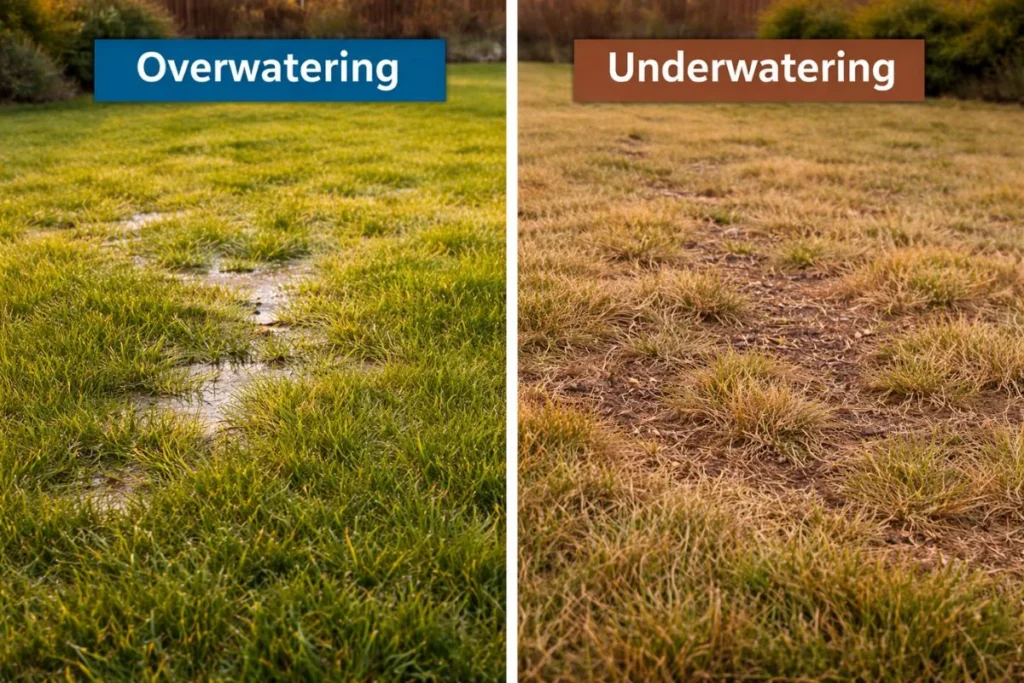 Overwatered lawn vs underwatered lawn comparison showing yellow and brown patches