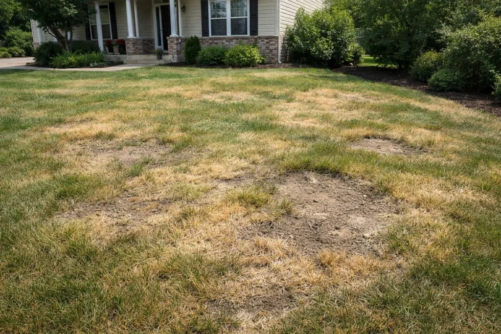 Lawn with yellow and thin grass caused by incorrect soil pH