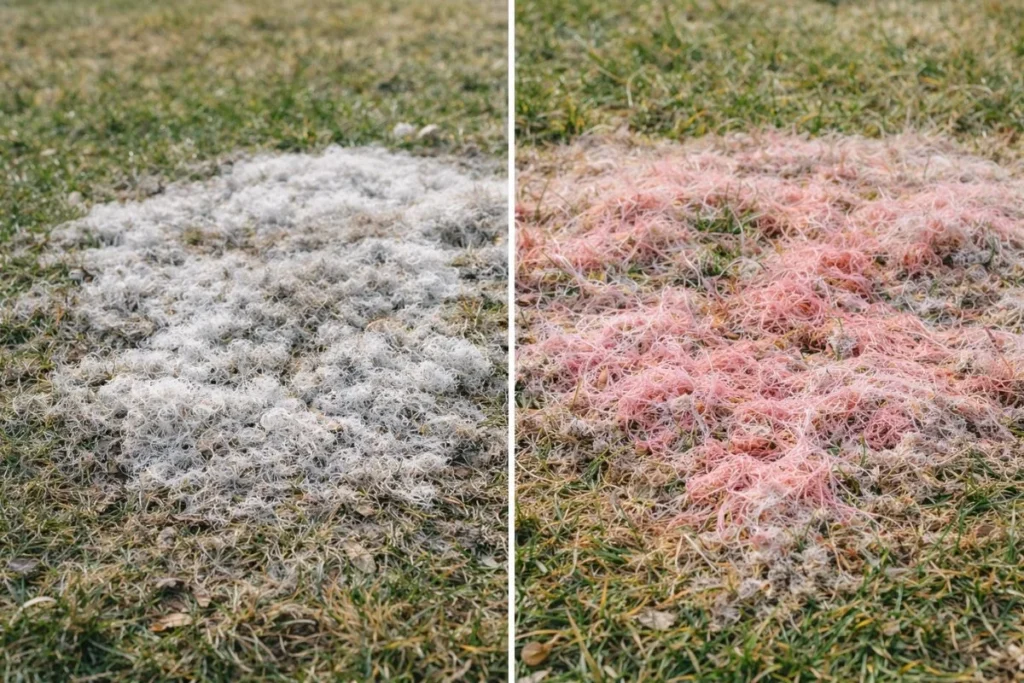 Pink vs gray snow mold comparison on lawn grass