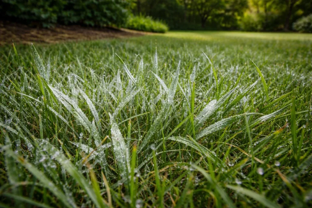 Powdery mildew lawn fungus with white coating on shaded grass