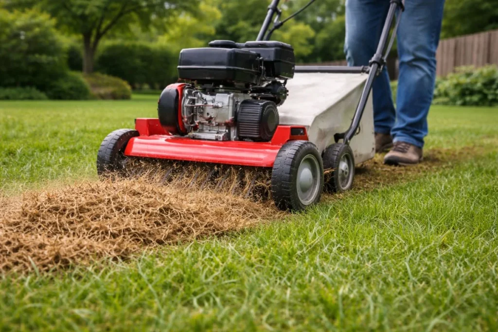 Power dethatcher removing lawn thatch