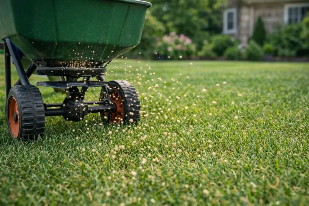 Applying preventive grub control granules to lawn