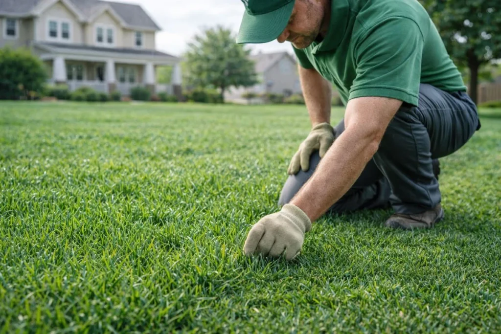 Professional inspecting lawn height for proper mowing