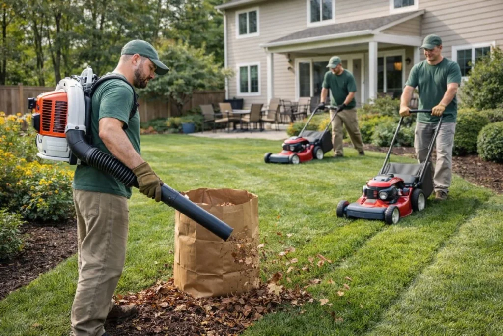 professional yard cleanup crew working on residential property